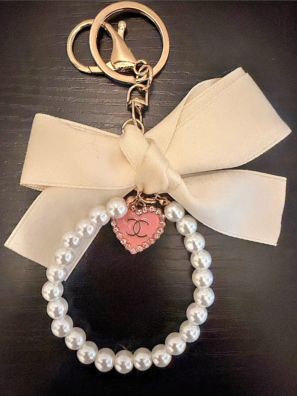 Inspired Pearl Bow Heart Charm Keychain